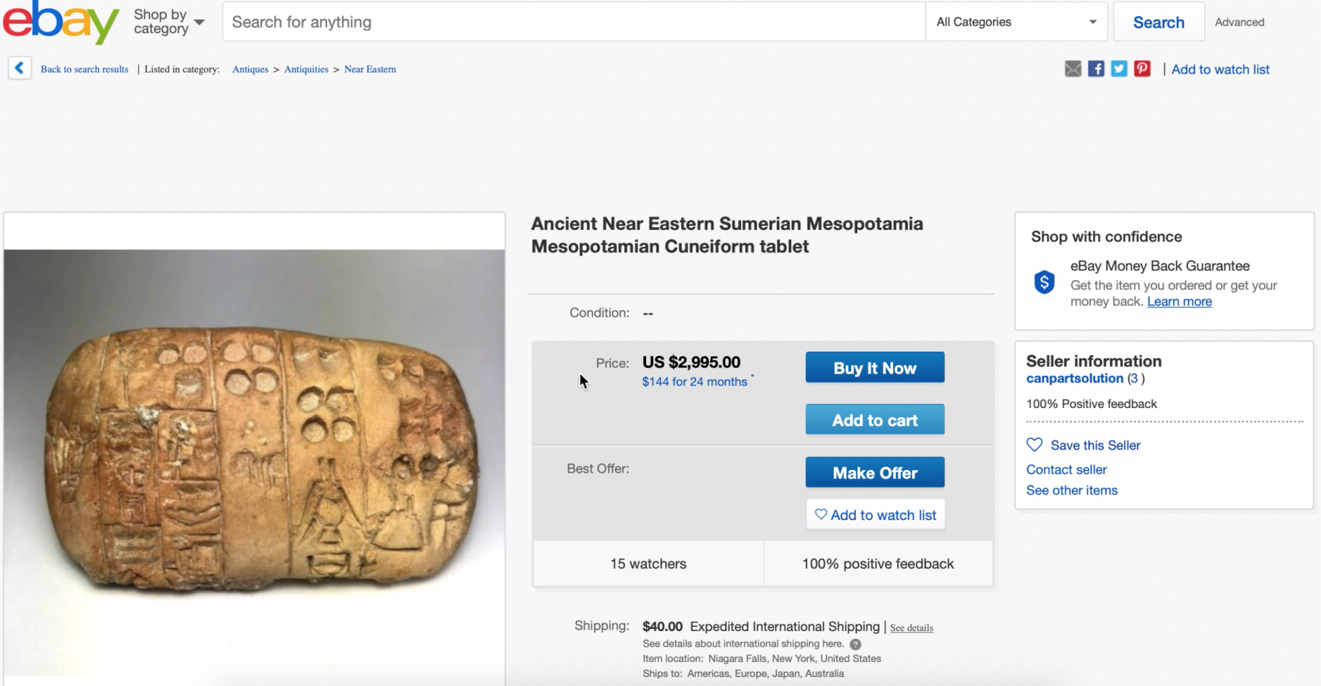 A Cuneiform Clay tablet for sale on eBay website of Mesopotamian civilization